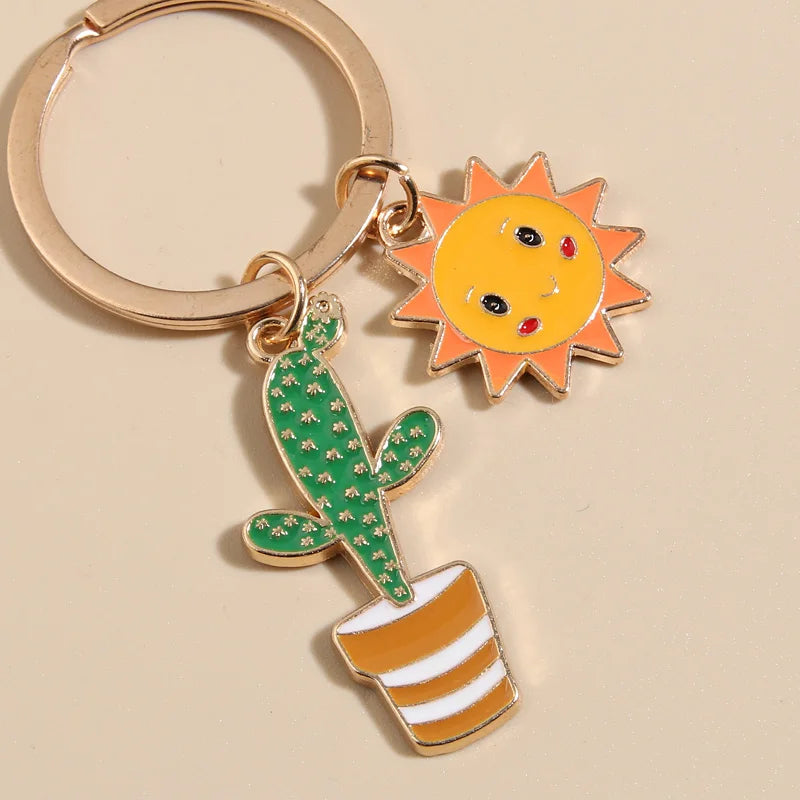 Cactus and Sun Metal Charm Keychain