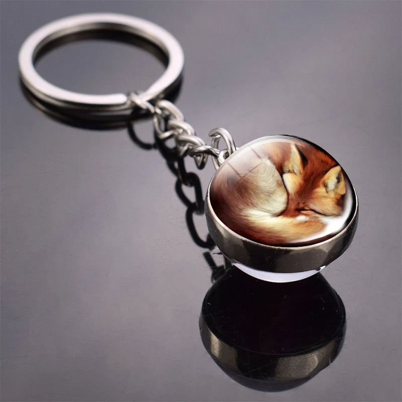 Double-Sided Fox Glass Ball Keychain