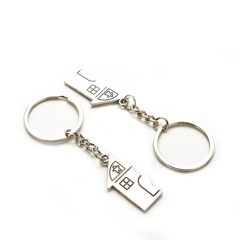 Silver House-Shaped Couple Keychains, Set of Two