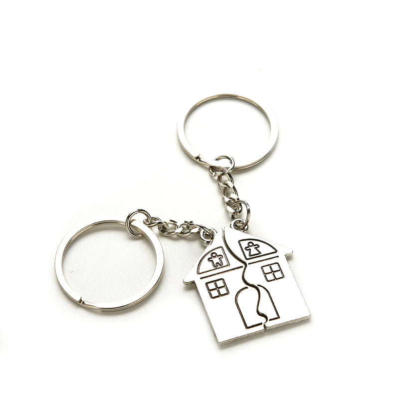 Silver House-Shaped Couple Keychains, Set of Two