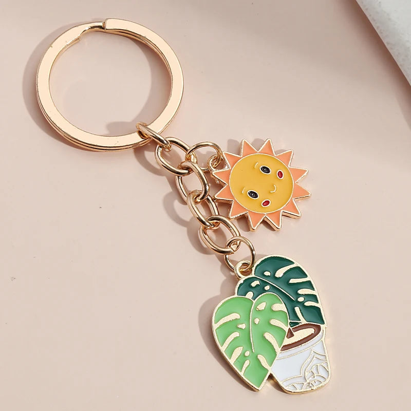 Cactus and Sun Metal Charm Keychain