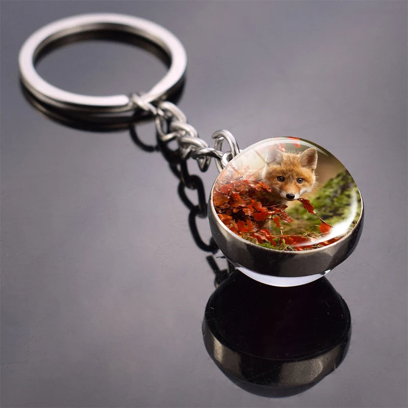 Double-Sided Fox Glass Ball Keychain