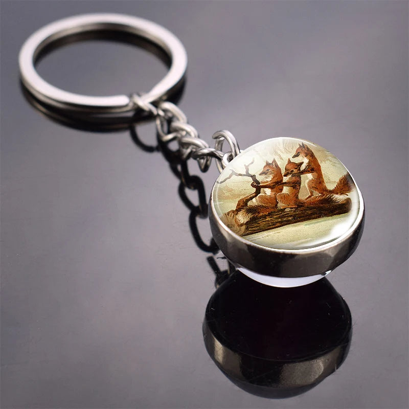 Double-Sided Fox Glass Ball Keychain
