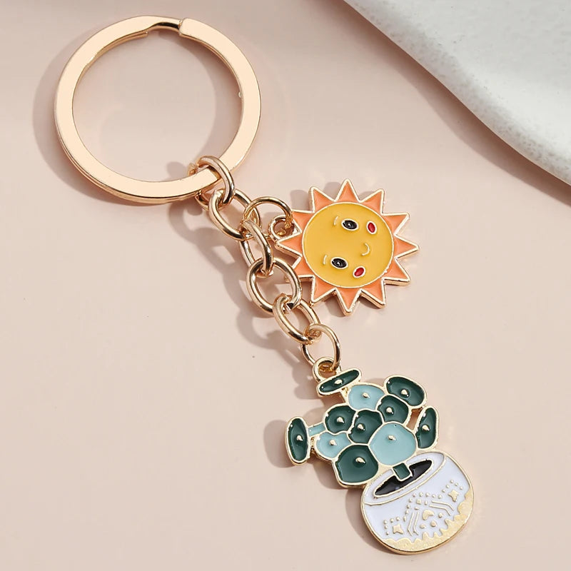 Cactus and Sun Metal Charm Keychain