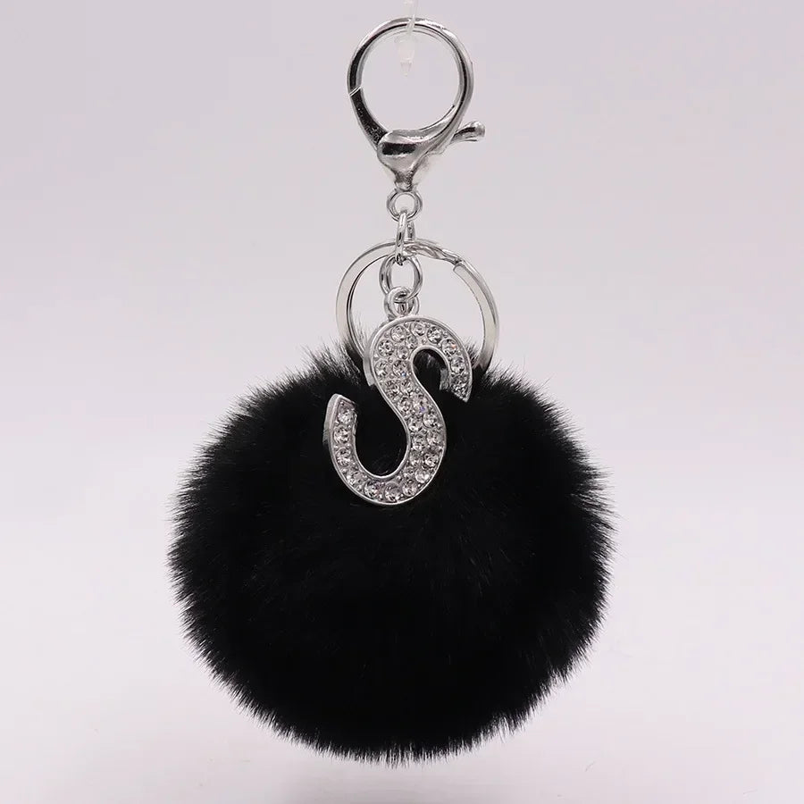 Black Plush Pom-Pom Keychain with Rhinestone Initial