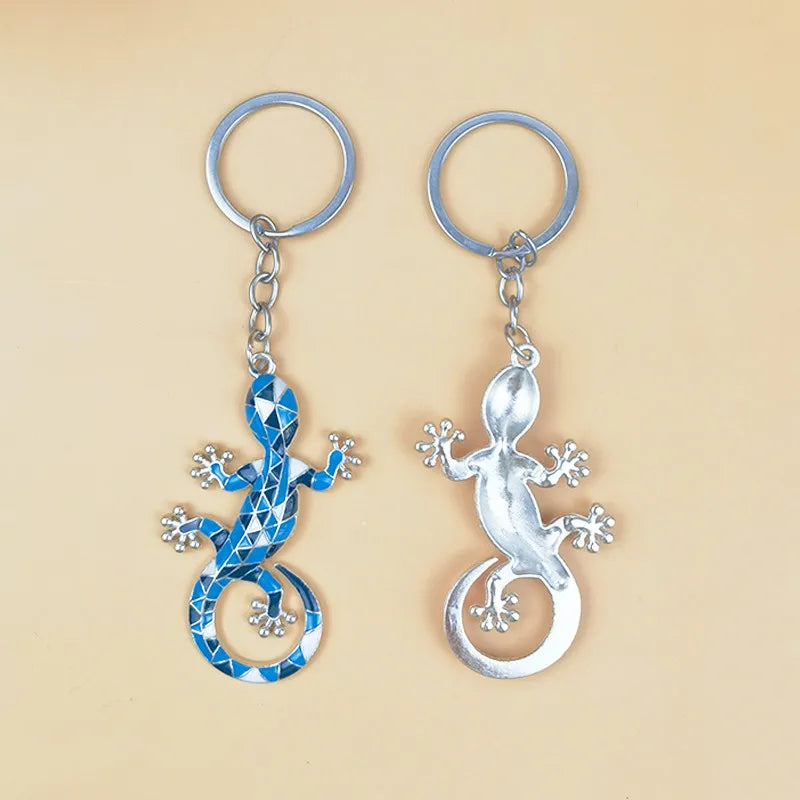 Enamel Gecko Keychain with Silver Buckle Ring