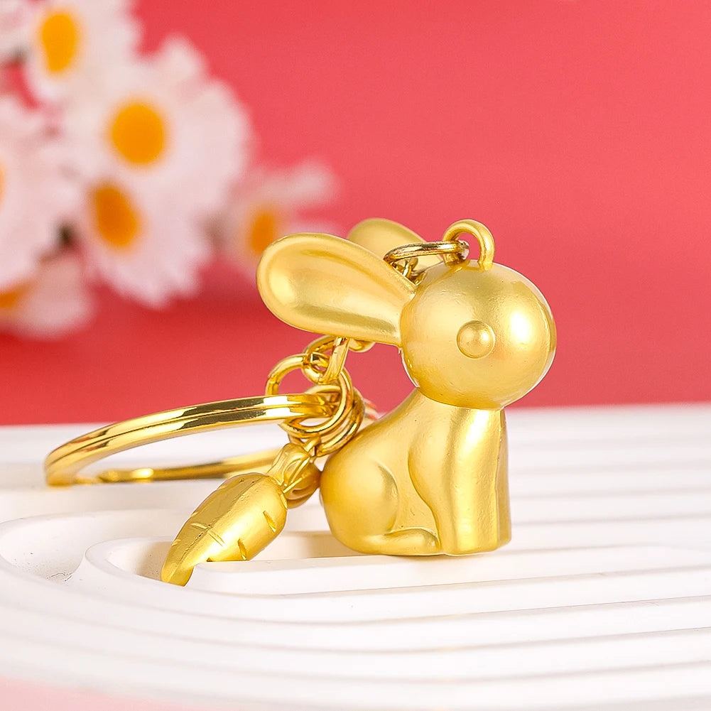 Rabbit and Carrot Metal Keychain in Satin Gold