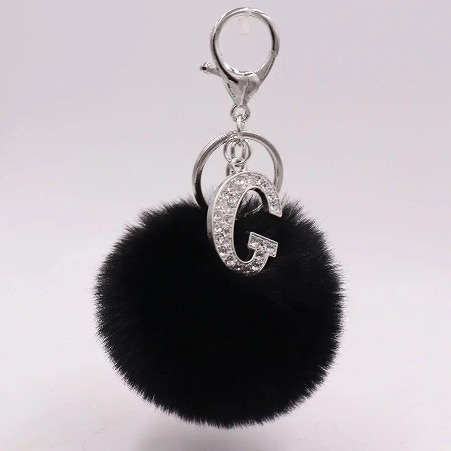 Black Plush Pom-Pom Keychain with Rhinestone Initial