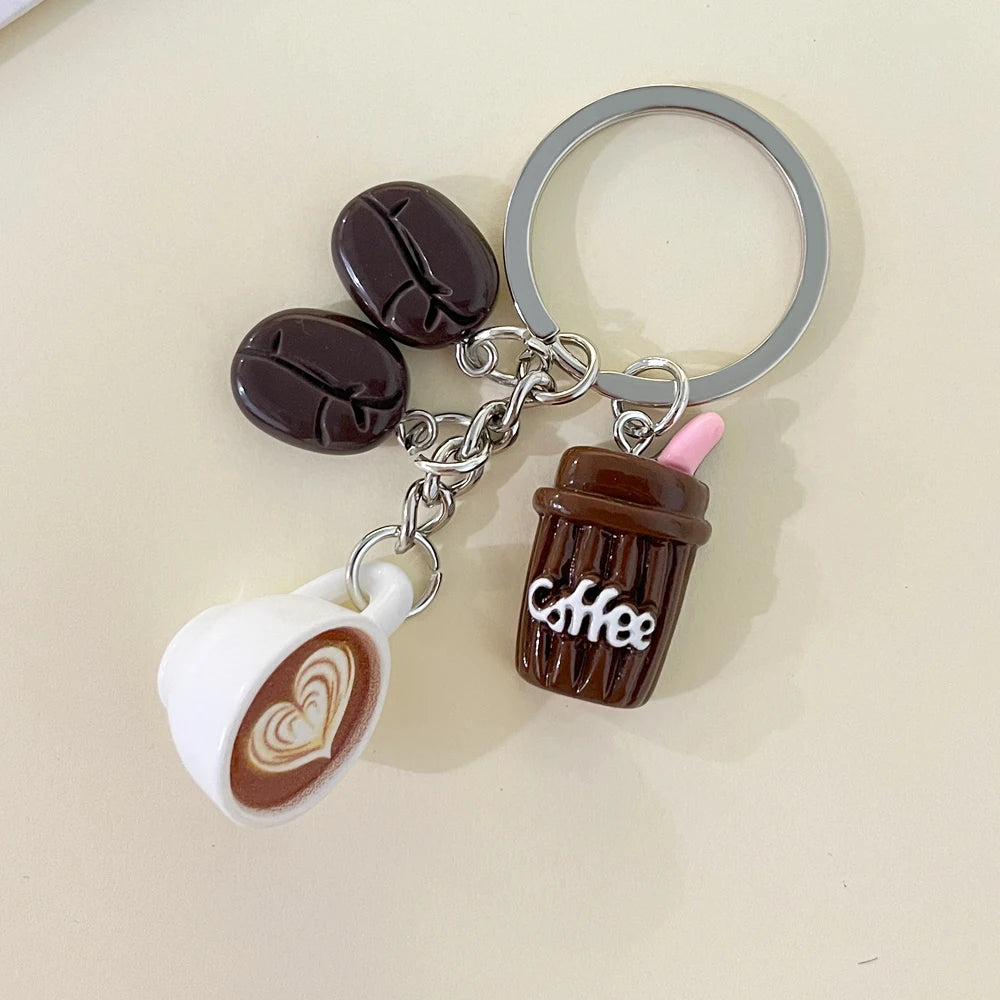 Coffee Themed Keychain Mini 3d Coffee Beans Latte Cup Charms Funny Simulated Food Car Key Holder Novelty Bag Pendant Party Gift