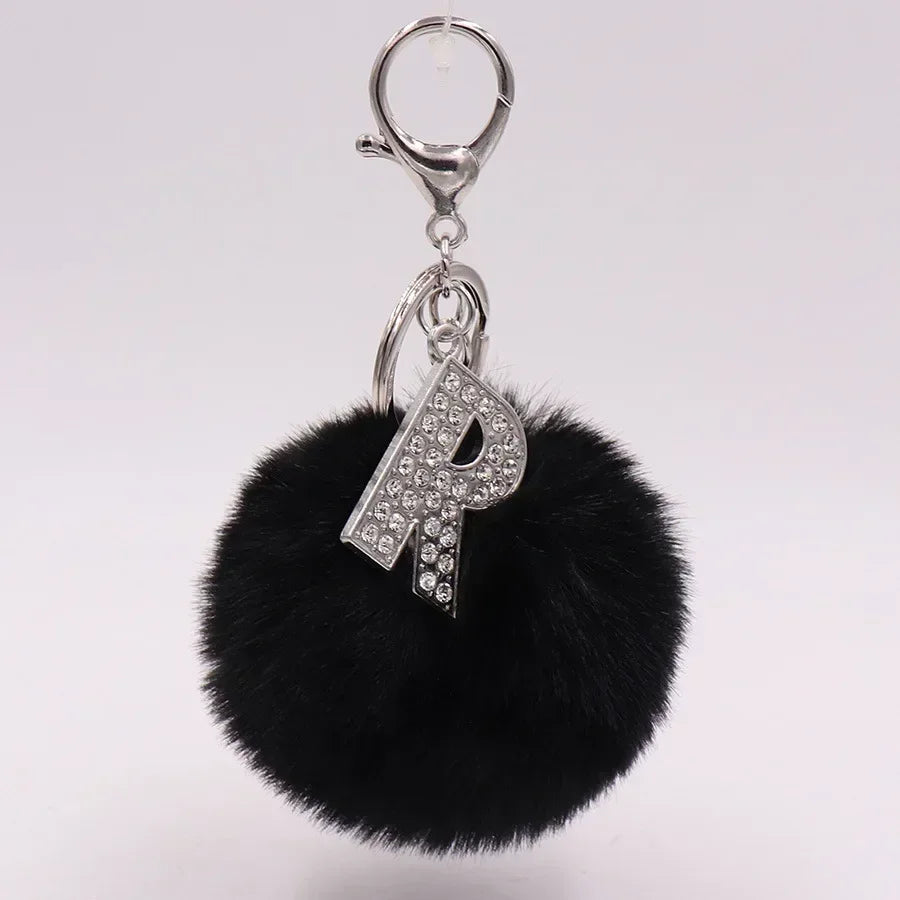 Black Plush Pom-Pom Keychain with Rhinestone Initial