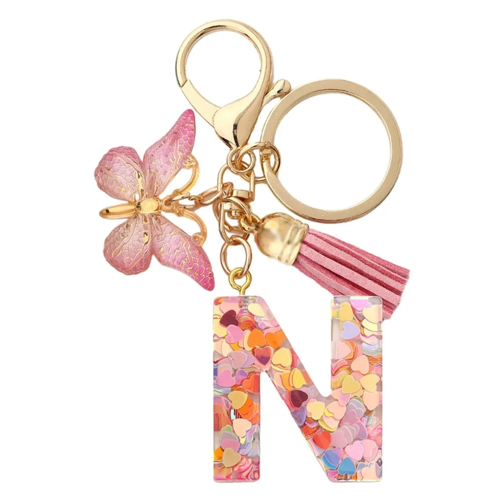Initial Letter Keychain with Butterfly and Tassel