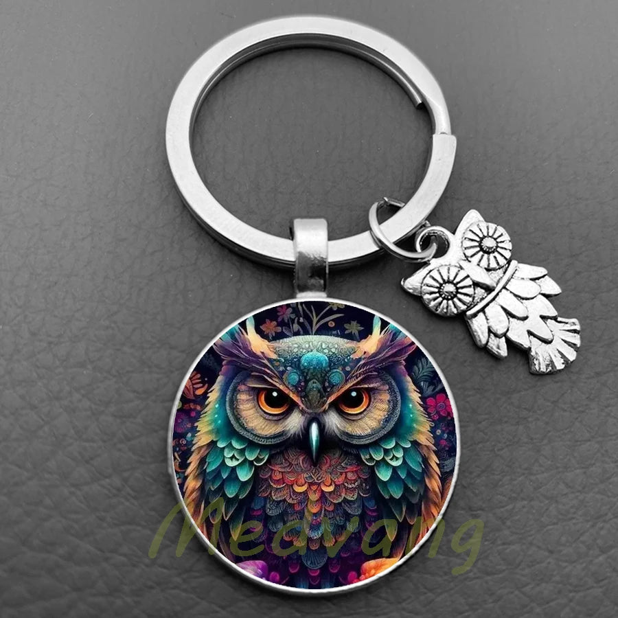 New Cute Owl Keychain with Large Eyes Owl Retro Pattern Glass Convex Keychain Creative Men's and Women's Car Bag Pendant Jewelry