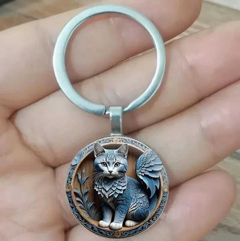 Cat Theme Keychain in Silver-Tone Zinc Alloy