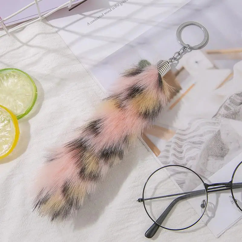Faux Fur Animal Tail Keychain with Split Ring