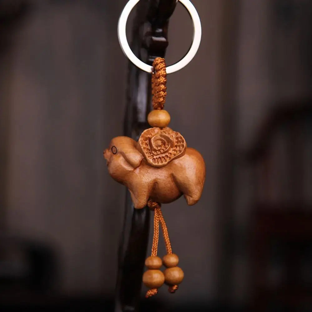 Carved Mahogany Zodiac Animal Keychain