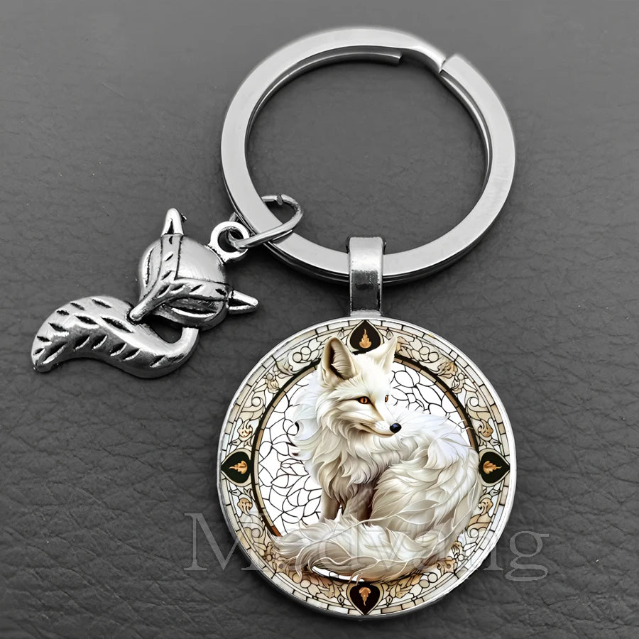 Fox Glass Cabochon Keychain with Sculpted Charm