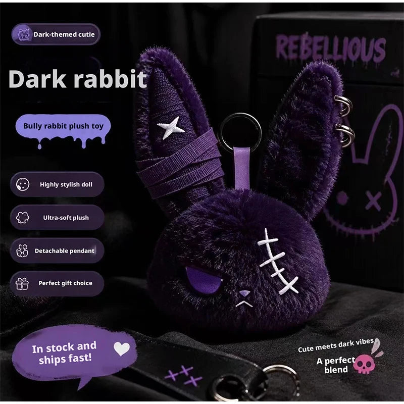 Plush Gothic Rabbit Head Keychain with Ear Piercings