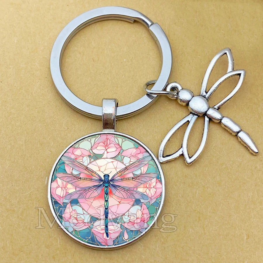 Dragonfly Glass Dome Pendant Keychain