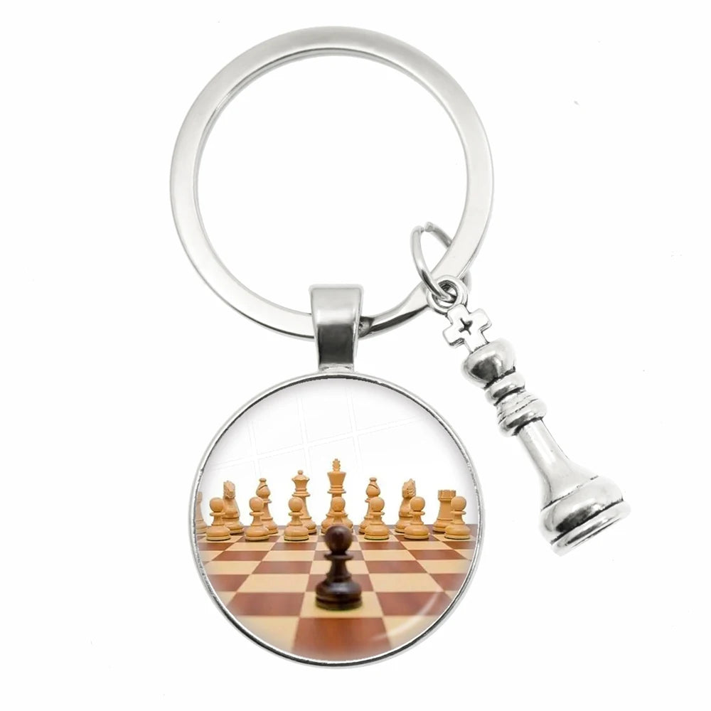 Chess Motif Glass Dome Keychain