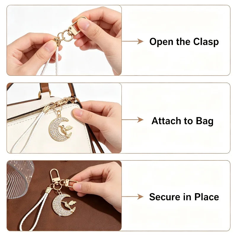 Moon and Hummingbird Rhinestone Keychain