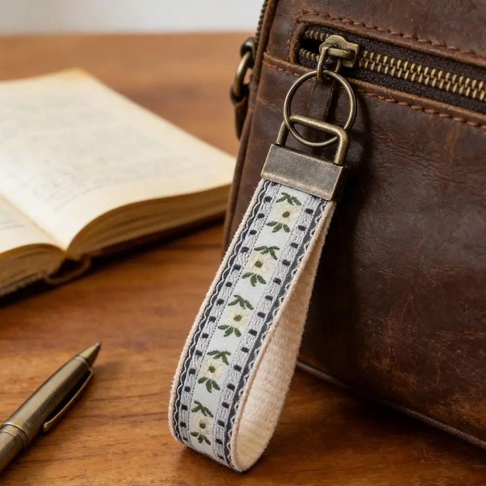 Floral Embroidered Fabric Wristlet Keychain