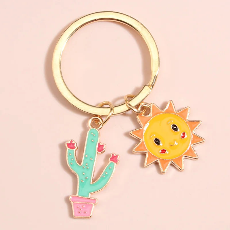 Cactus and Sun Metal Charm Keychain