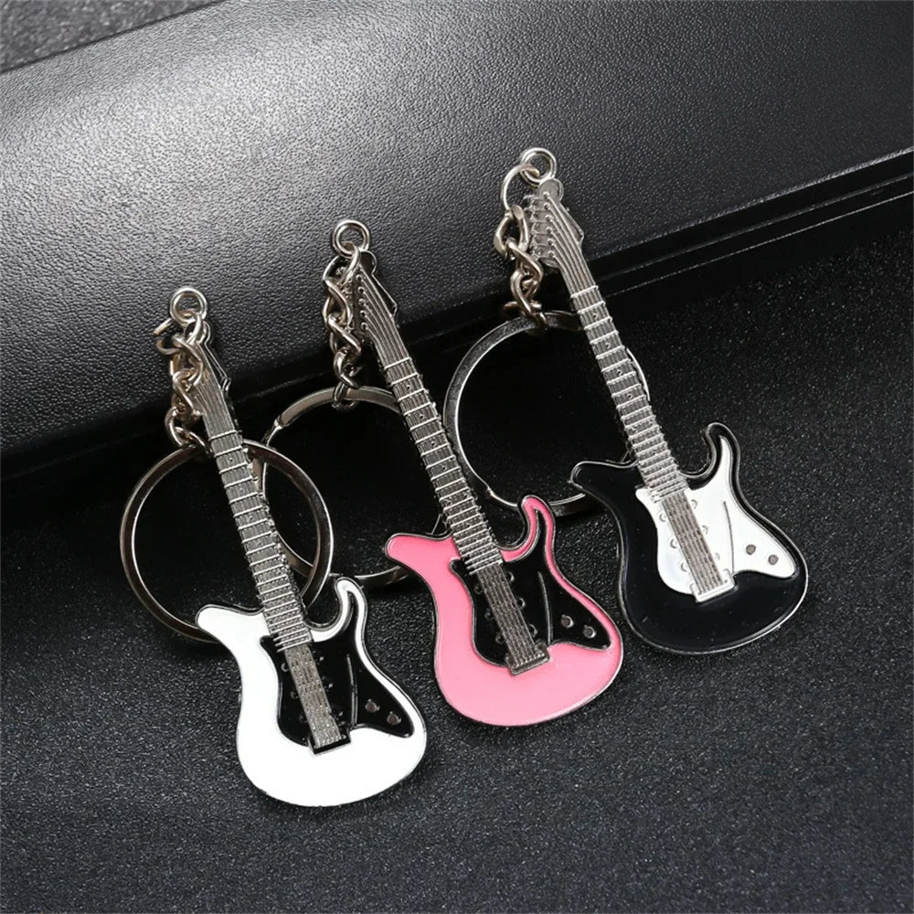 Metal Guitar Keychain in Silver-Tone Zinc Alloy
