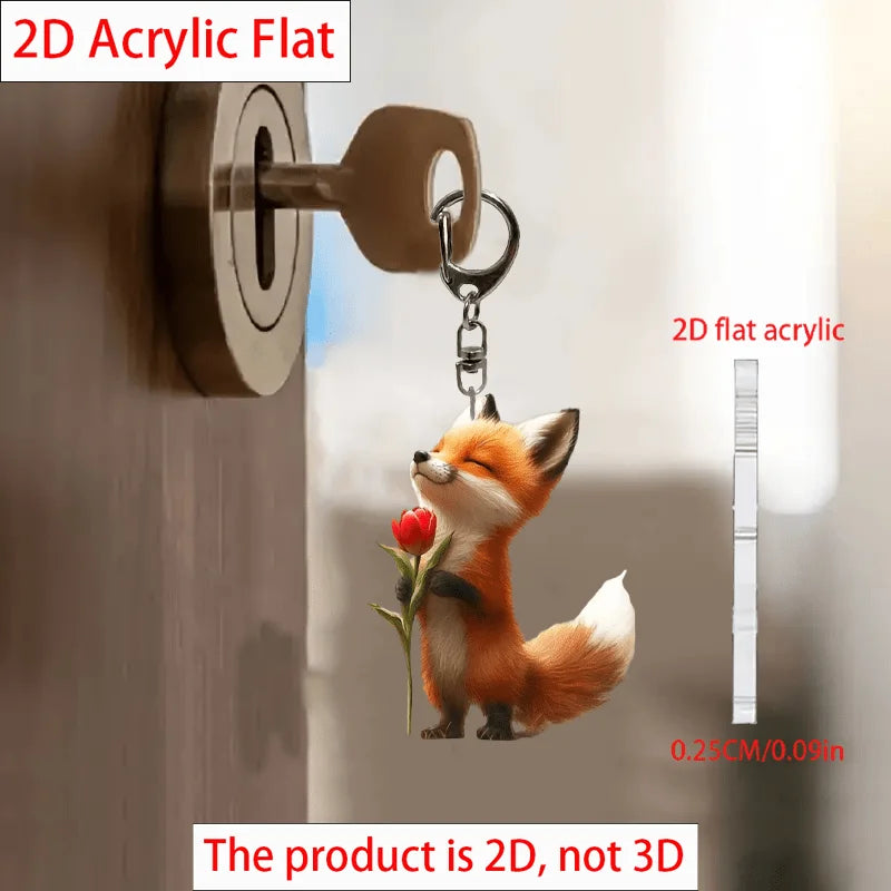 Adorable 2D Fox Keychain with Rose Acrylic Hanging Ornament Durable Car Pendant Lightweight Halloween Holiday Gift Charm for Car