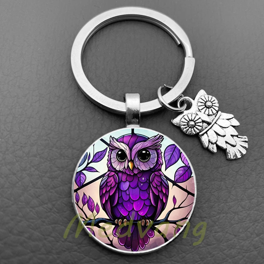 New Cute Owl Keychain with Large Eyes Owl Retro Pattern Glass Convex Keychain Creative Men's and Women's Car Bag Pendant Jewelry