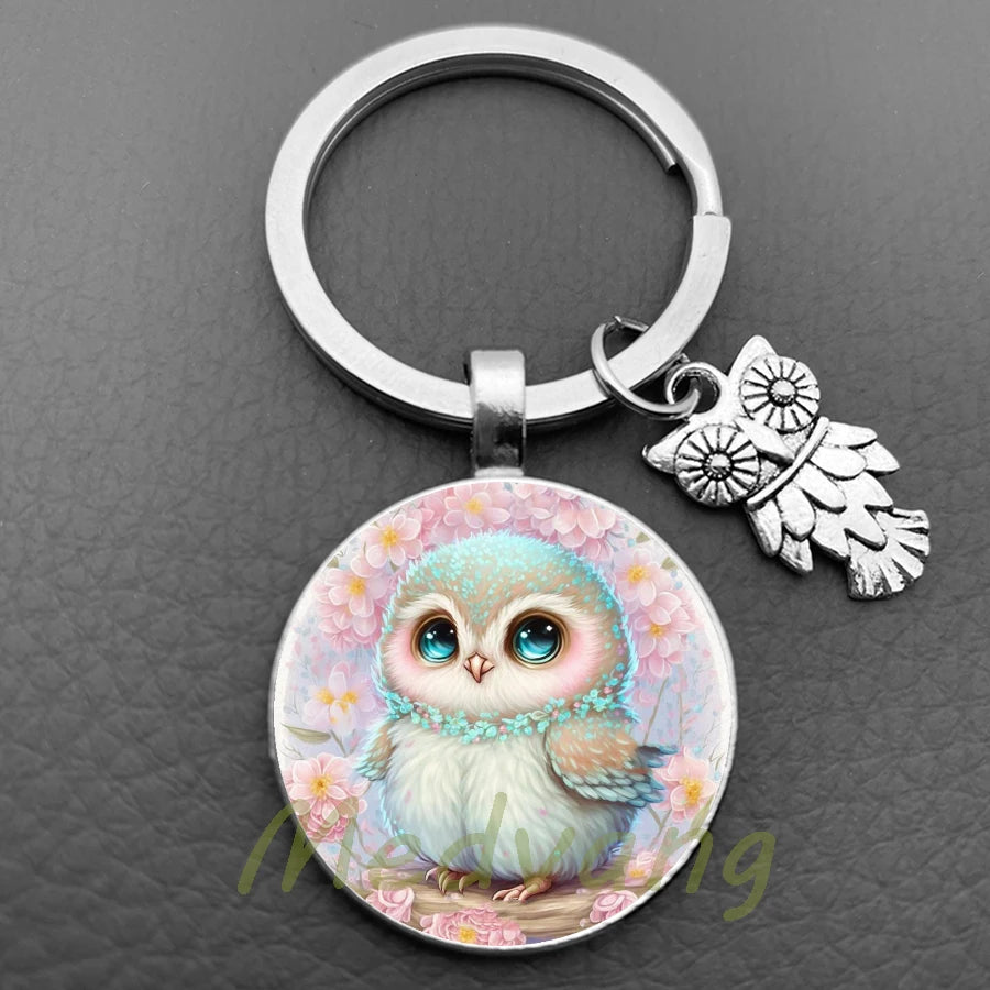 New Cute Owl Keychain with Large Eyes Owl Retro Pattern Glass Convex Keychain Creative Men's and Women's Car Bag Pendant Jewelry