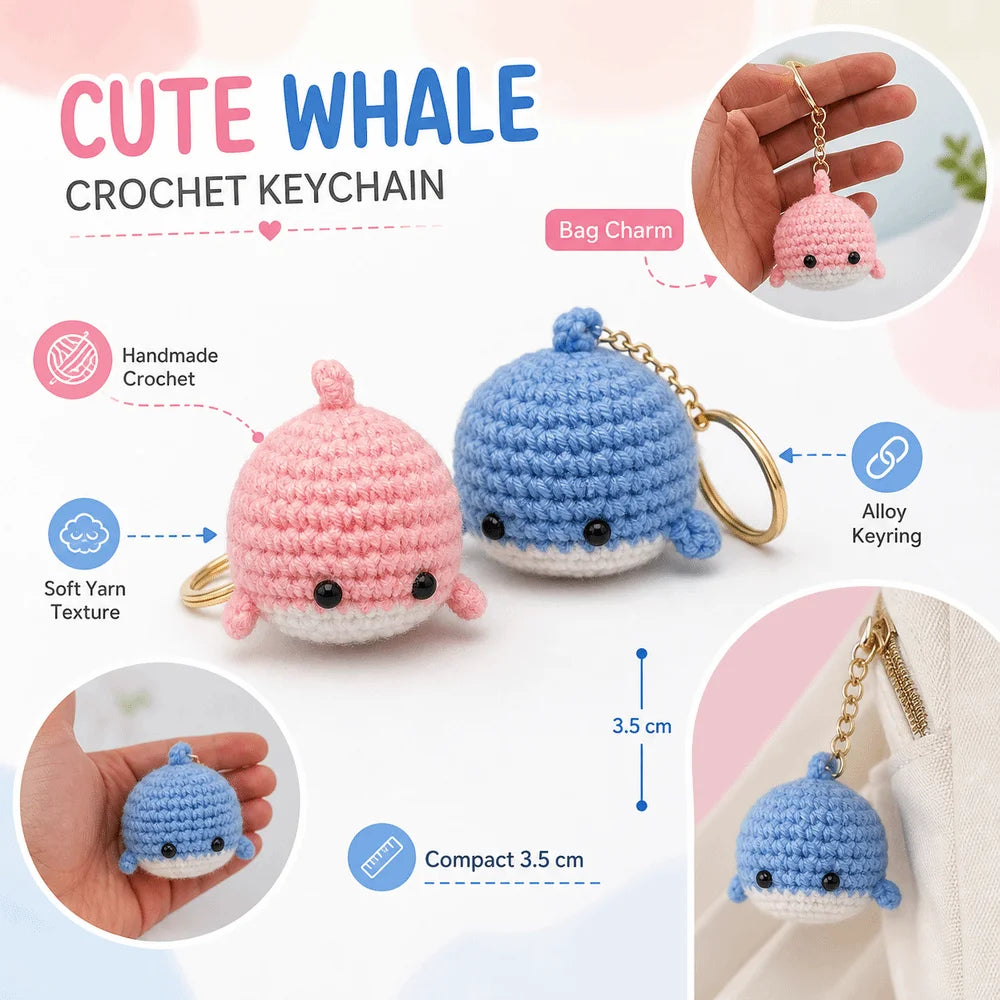 Crocheted Whale Bag Charm with Carabiner Clip