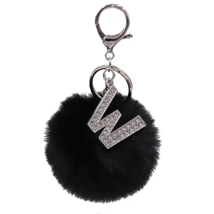 Black Plush Pom-Pom Keychain with Rhinestone Initial