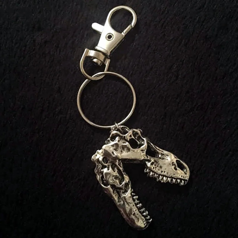 T-Rex Skull Keychain in Antique Silver Tone