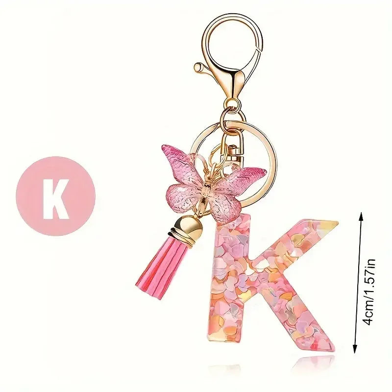 Initial Letter Keychain with Butterfly and Tassel
