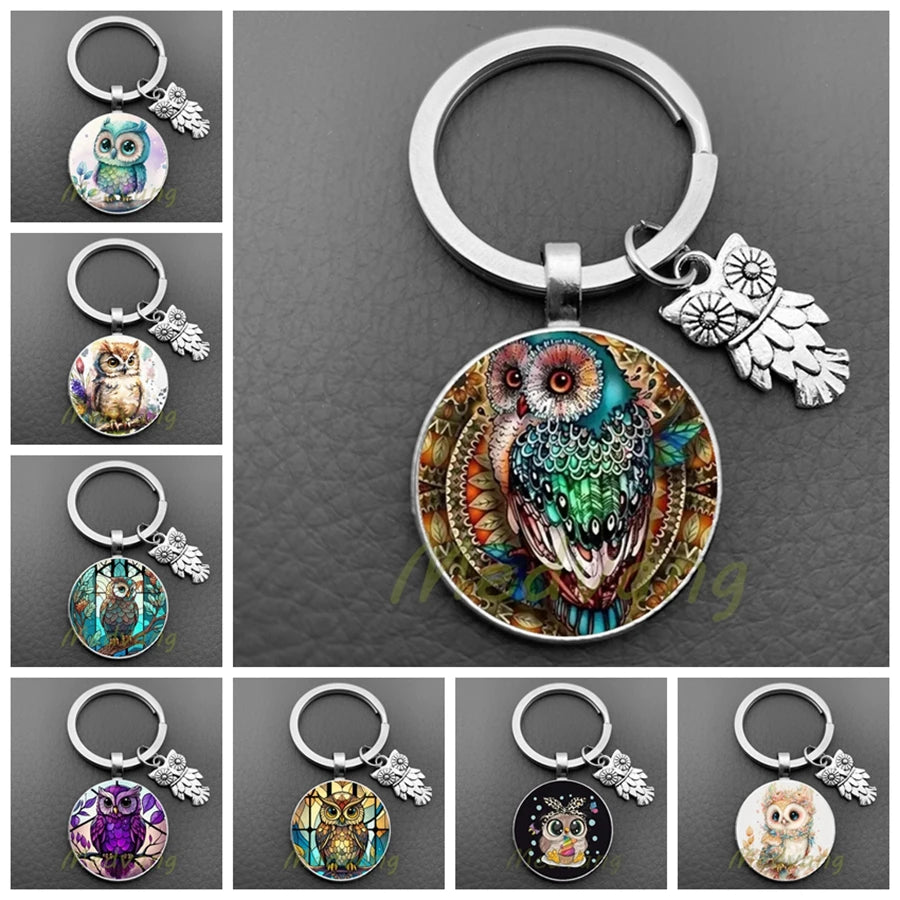 New Cute Owl Keychain with Large Eyes Owl Retro Pattern Glass Convex Keychain Creative Men's and Women's Car Bag Pendant Jewelry