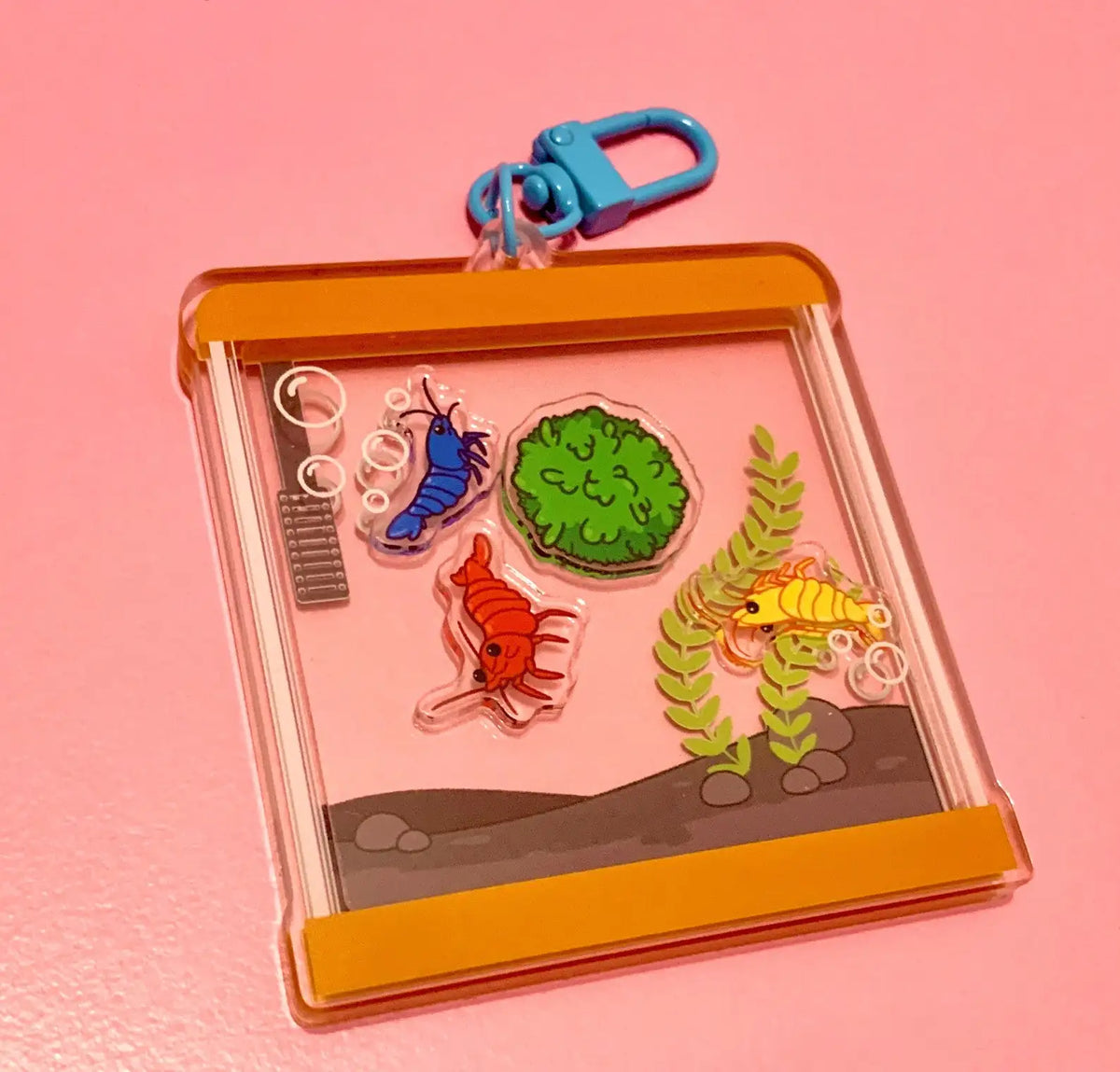 Shrimp Shaker Keychain Charm with Aquatic Scene