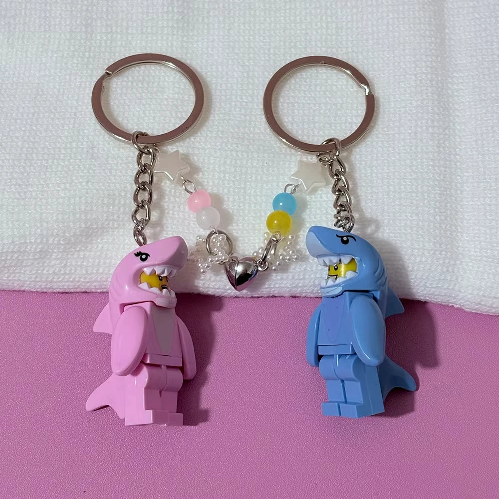 Matching Magnetic Shark Keychain Handmade Shark Suit Guy Key Ring with Czech Glass Beads Cute Couple Gift for Her & Him