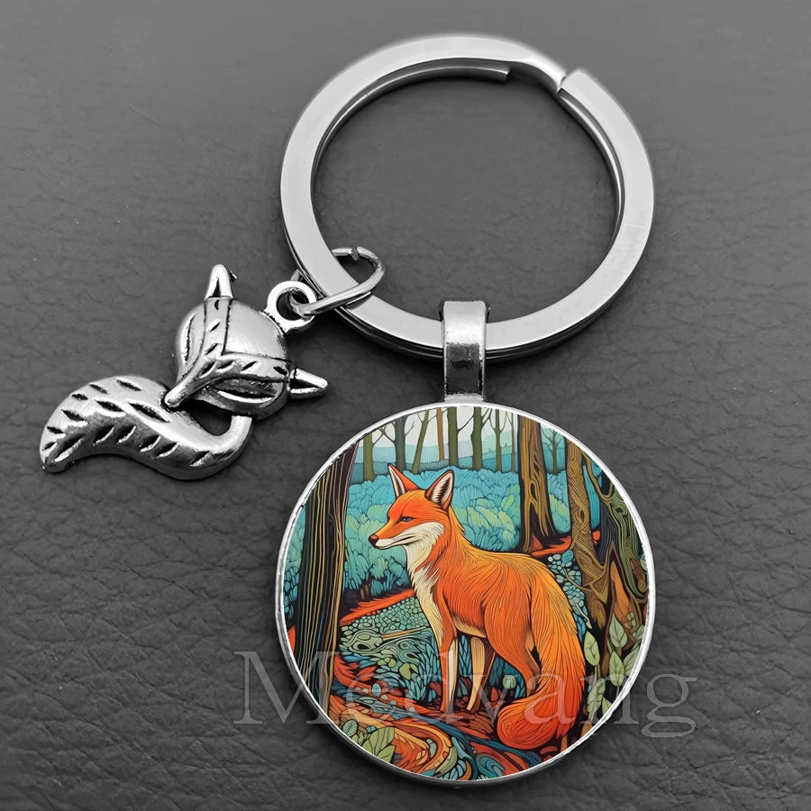 Fox Glass Cabochon Keychain with Sculpted Charm