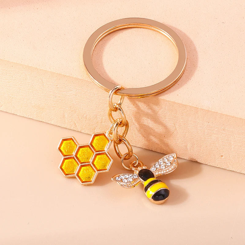 Bee and Honeycomb Charm Keychain in Rose Gold Tone