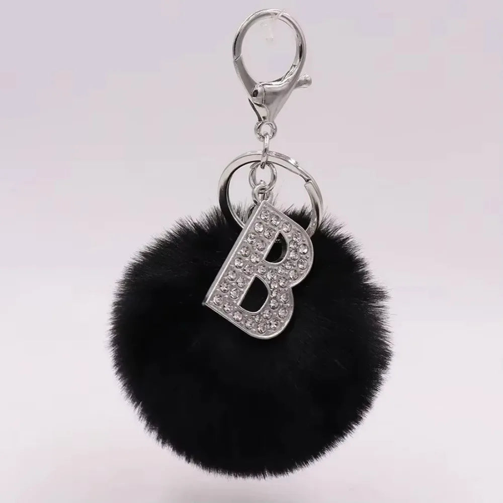 Black Plush Pom-Pom Keychain with Rhinestone Initial