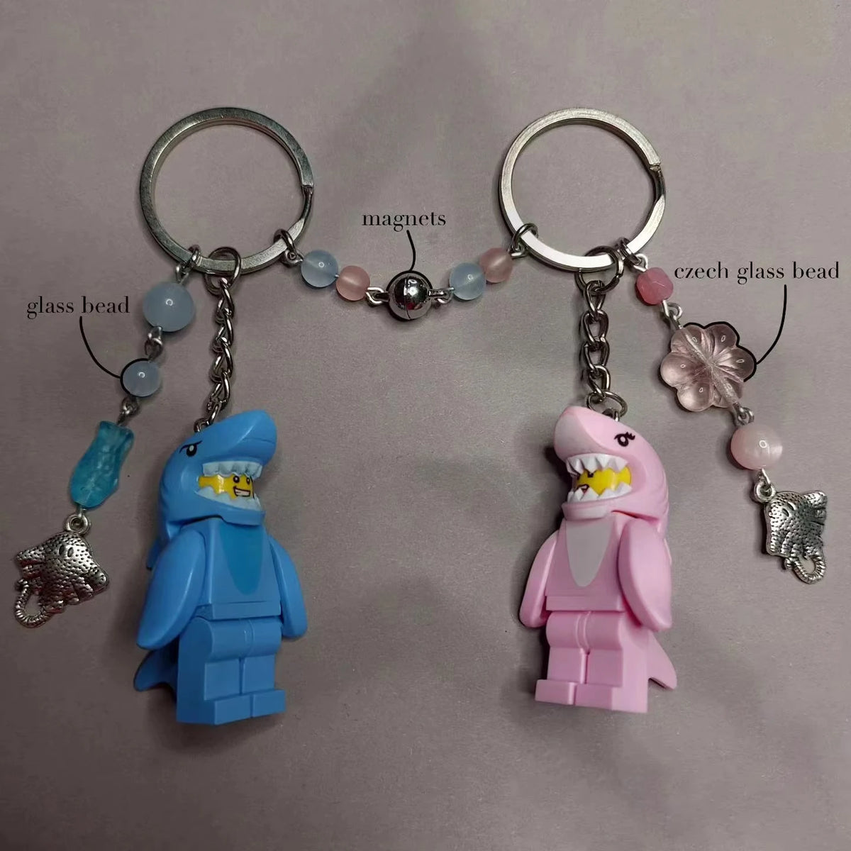 Matching Magnetic Shark Keychain Handmade Shark Suit Guy Key Ring with Czech Glass Beads Cute Couple Gift for Her & Him