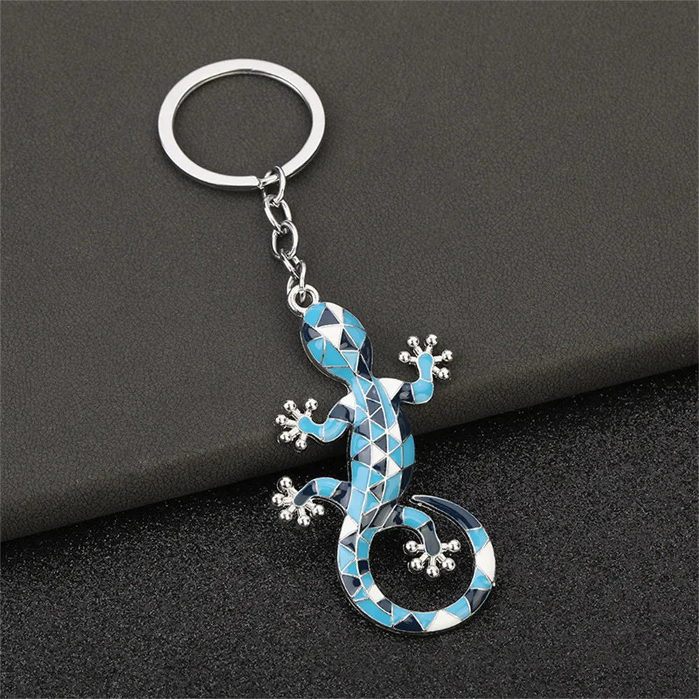 Enamel Gecko Keychain with Silver Buckle Ring