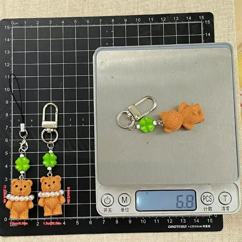 Bear Charm Keychain with Green Bead Accent