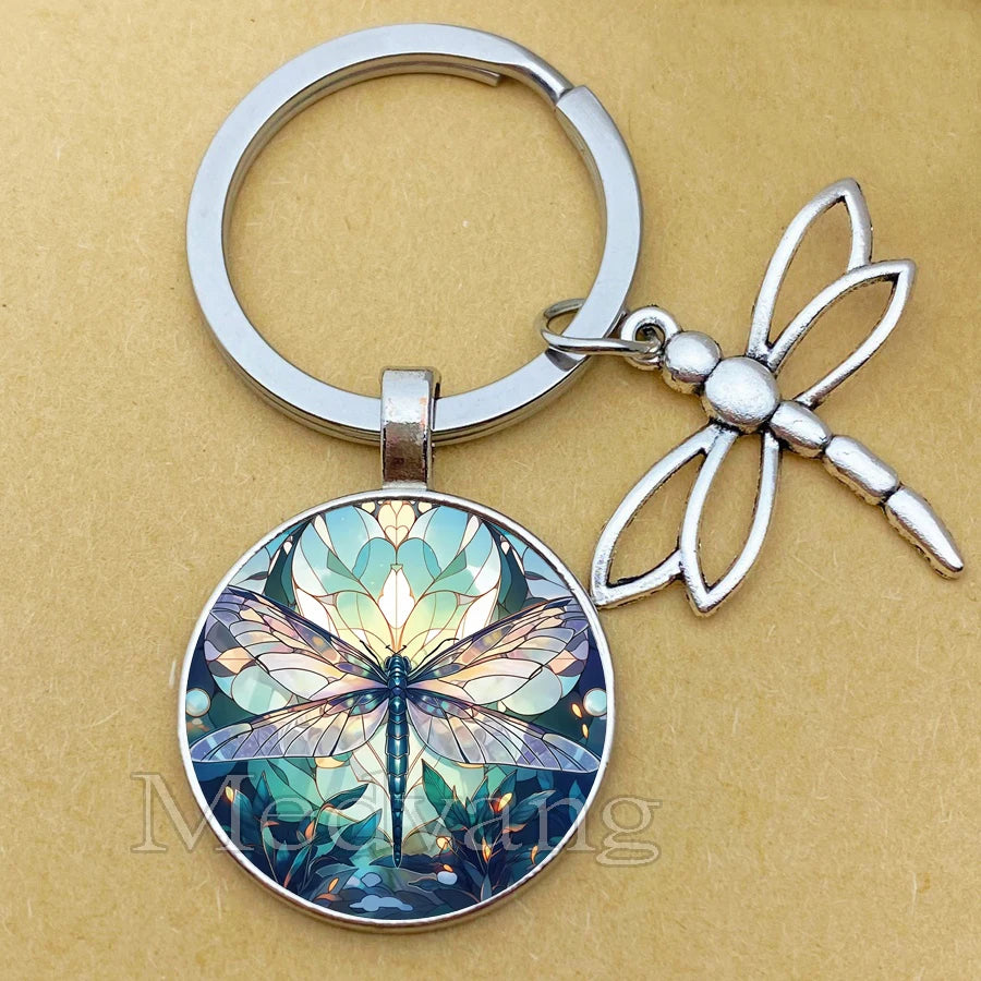 Dragonfly Glass Dome Pendant Keychain