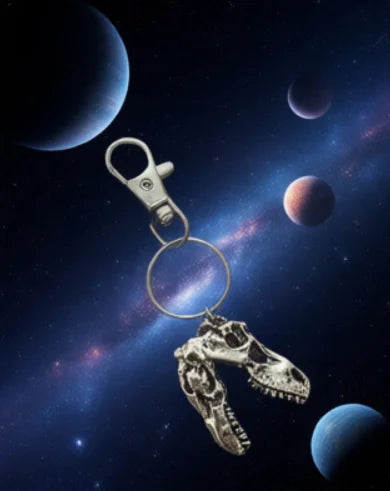 T-Rex Skull Keychain in Antique Silver Tone