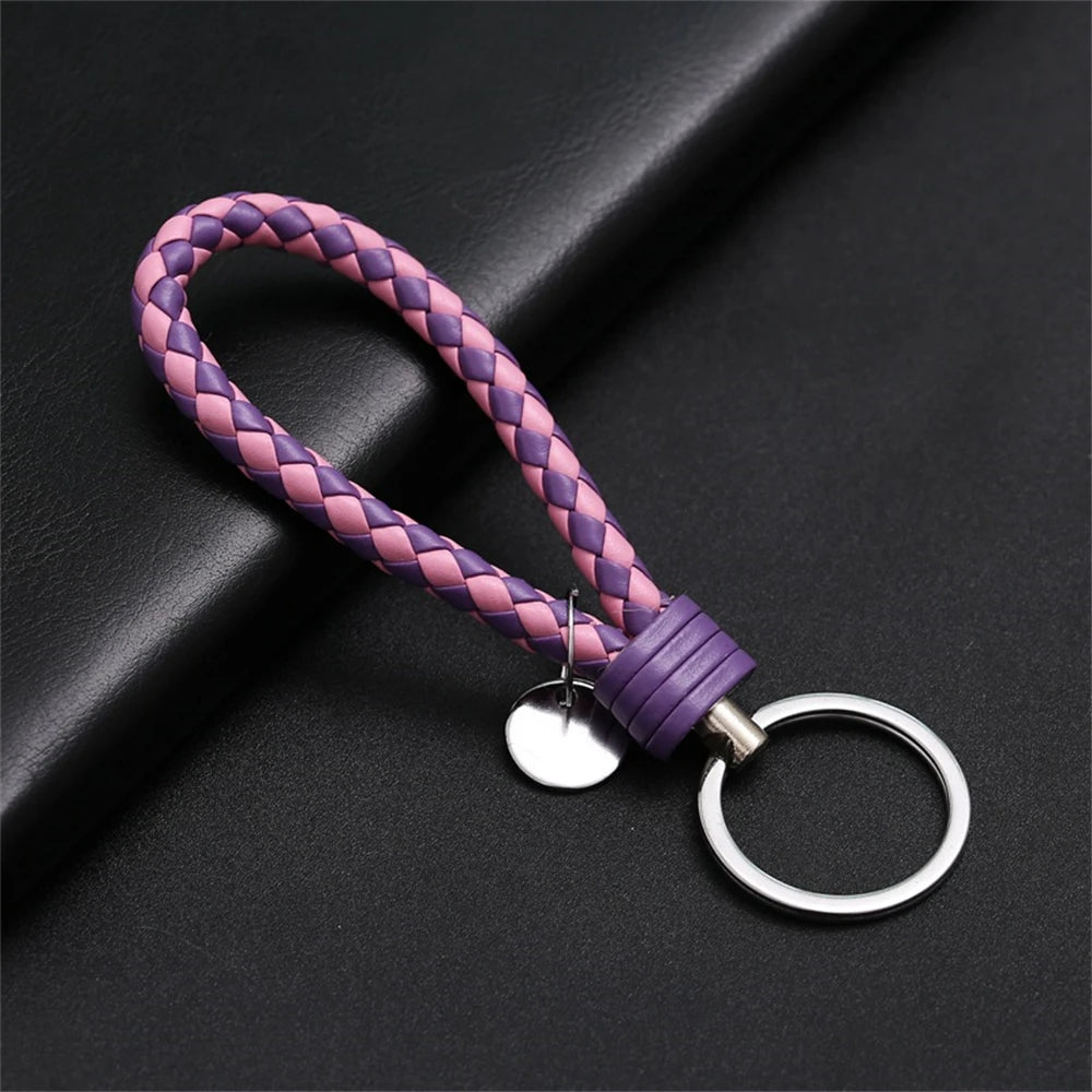 Braided PU Leather Keychain with Silver Buckle
