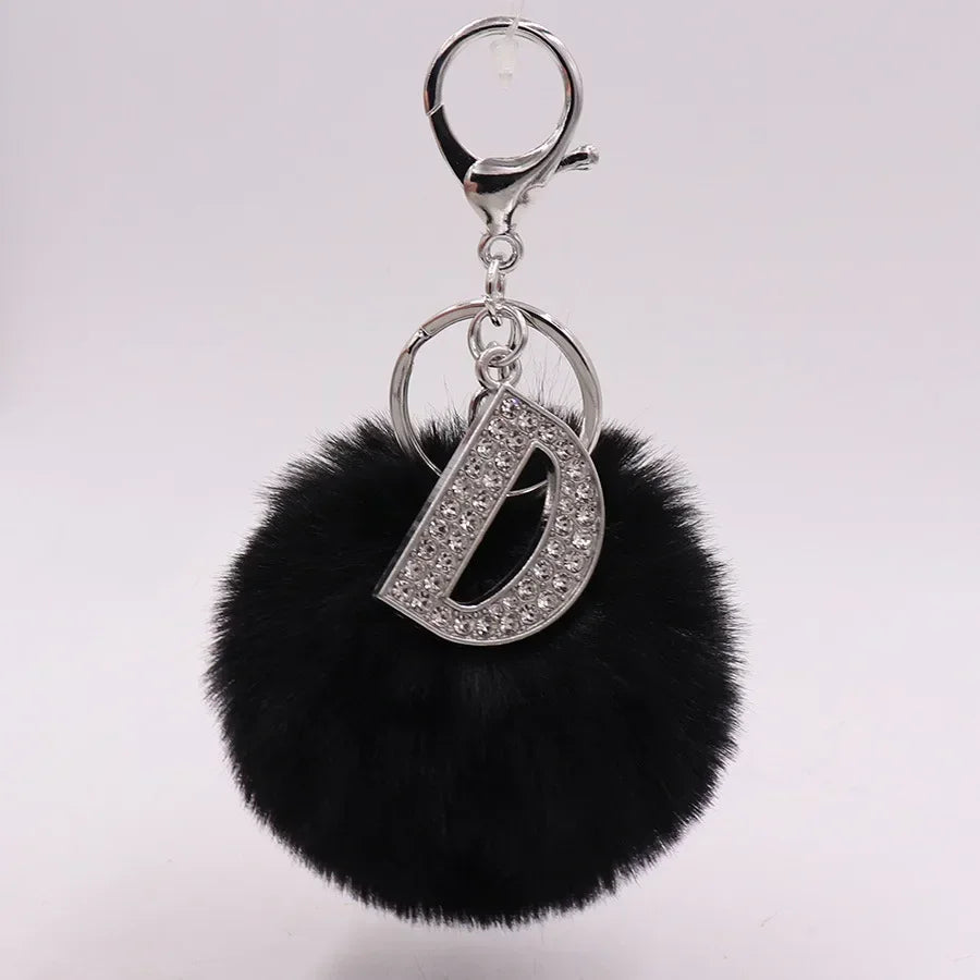 Black Plush Pom-Pom Keychain with Rhinestone Initial