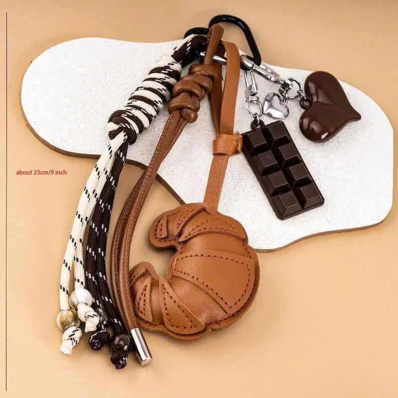Faux Leather Croissant Keychain with Braided Lanyard
