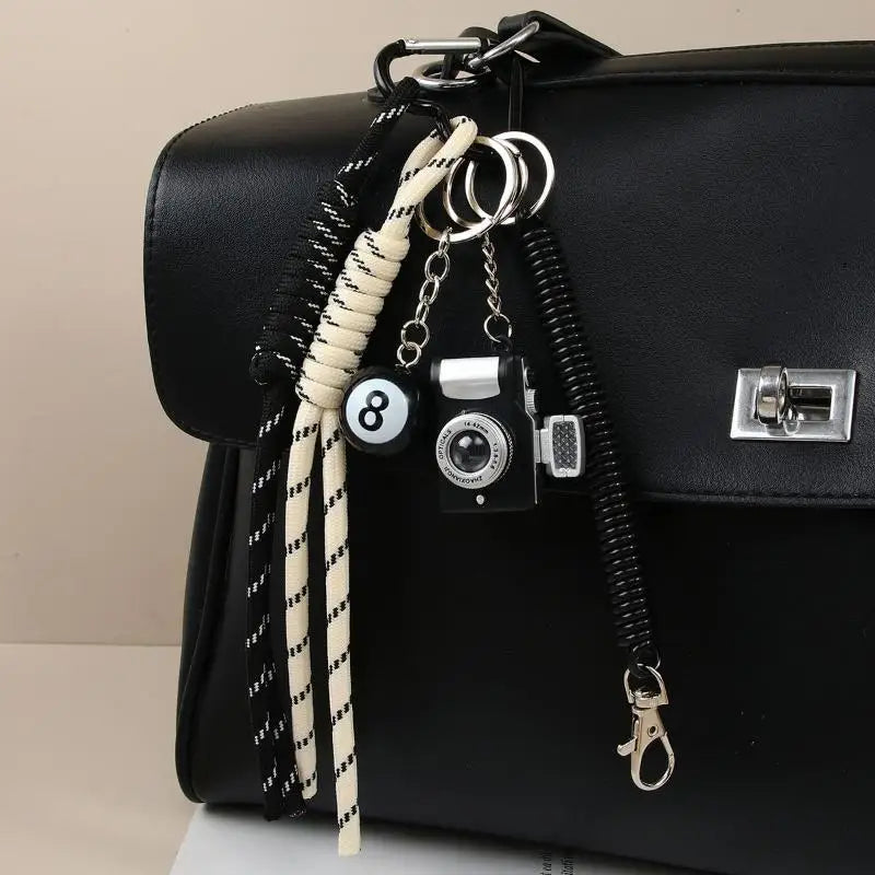 Cute Bag Pendant Keychain Mini Camera 8 Ball Braided Strap Handbag Backpack Key Decor
