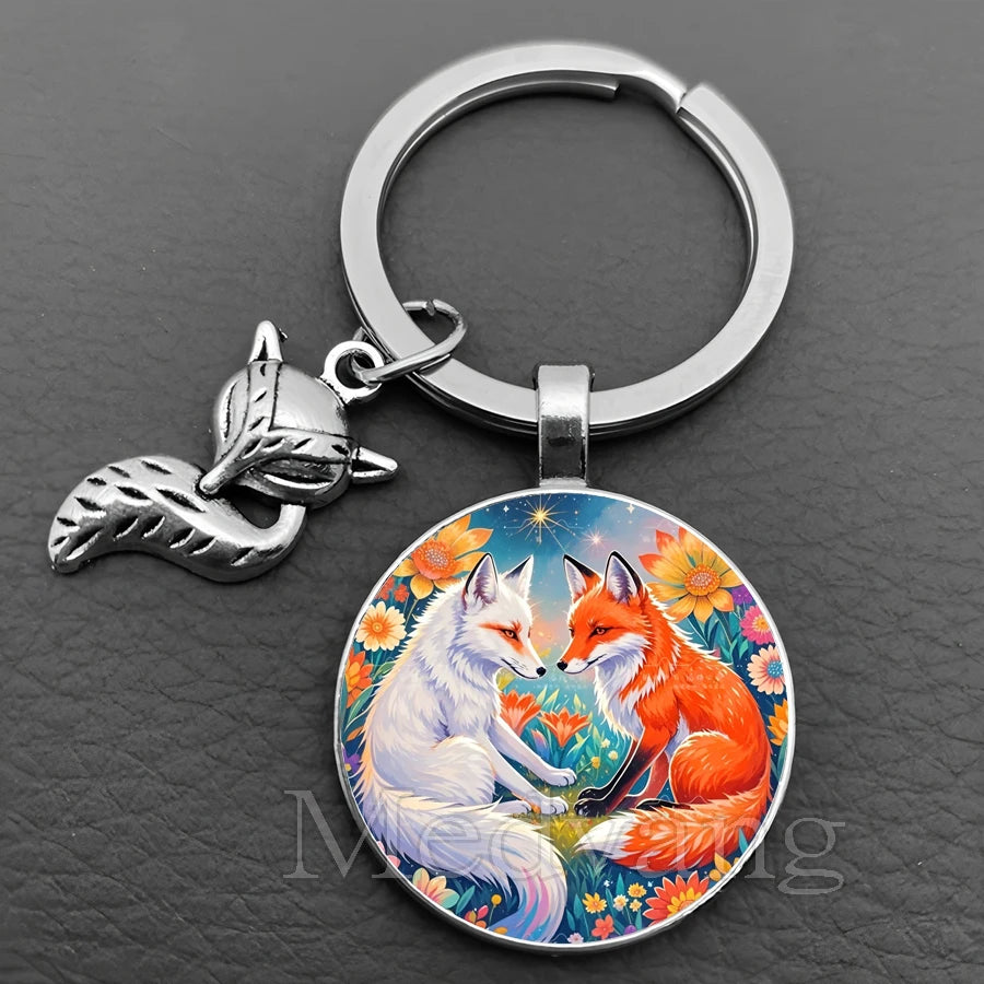 Fox Glass Cabochon Keychain with Sculpted Charm